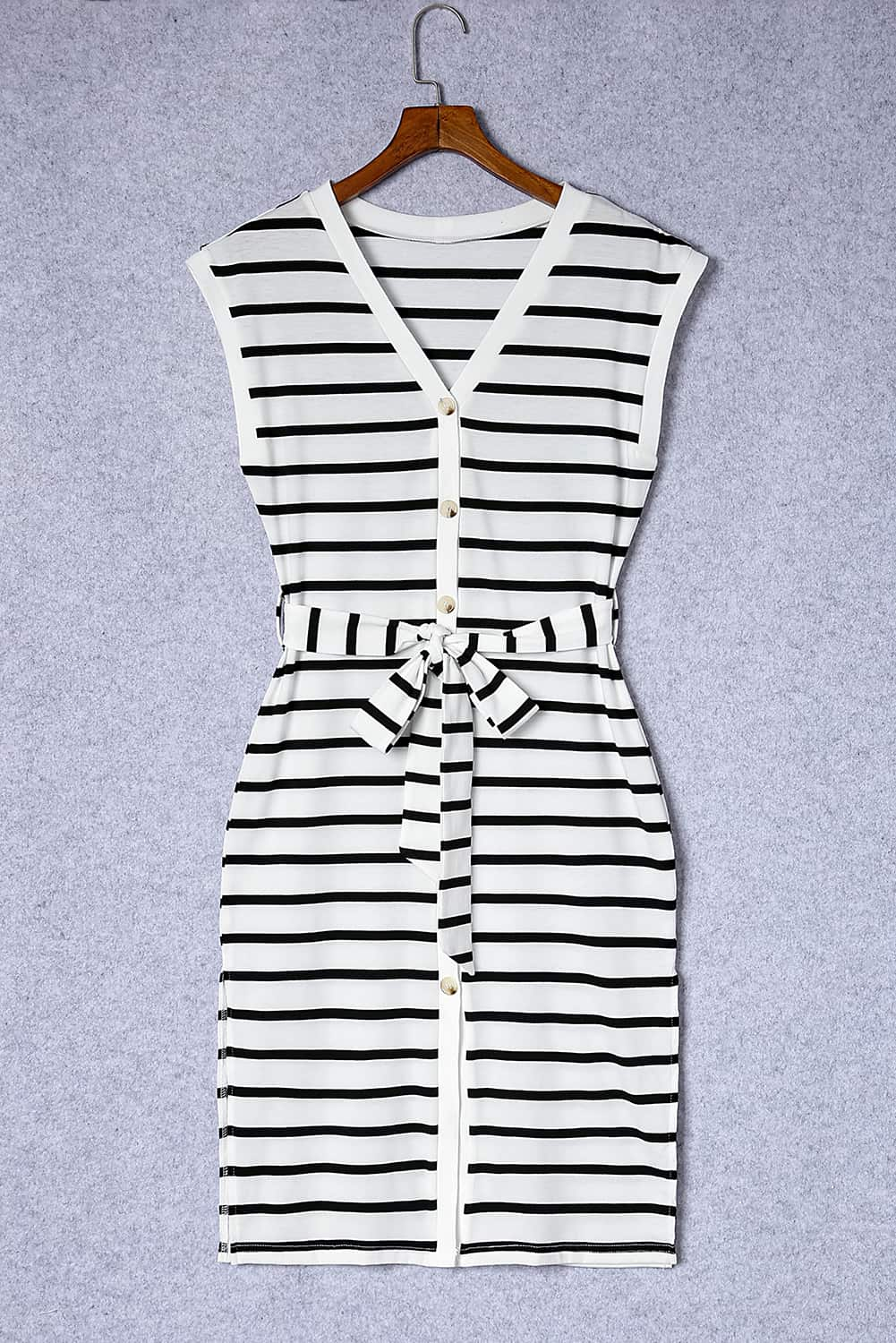 Striped Button Slit Tie V-Neck Midi Dress