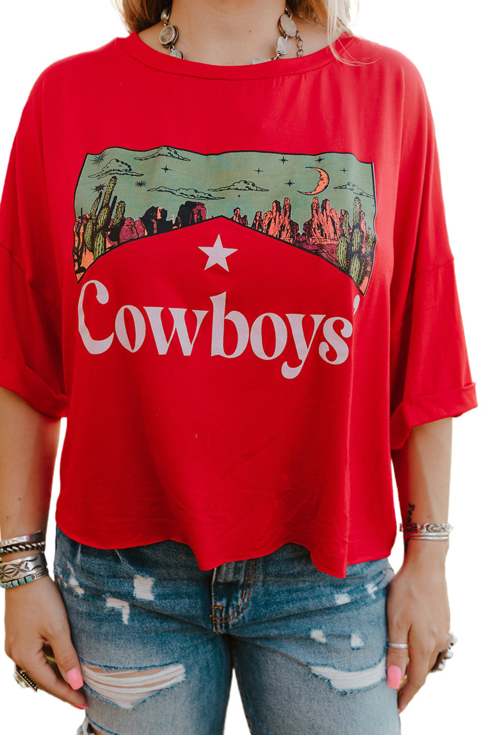 Red Cowboys Graphic Crew Neck Short Sleeve Tops