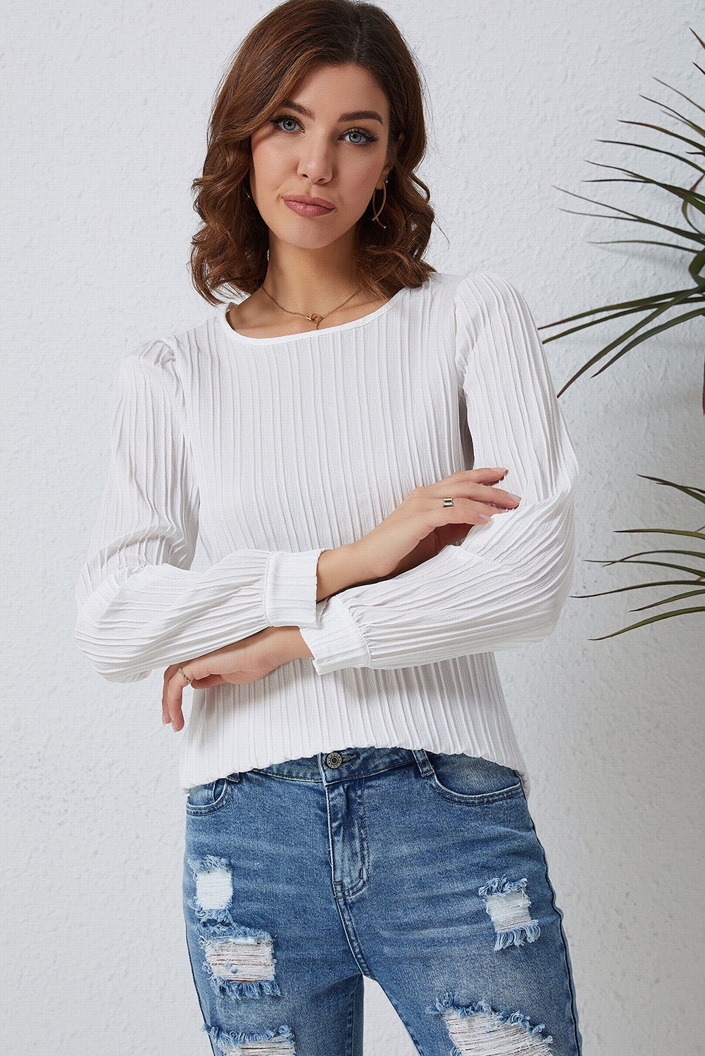 White Ribbed Crewneck Puff Long Sleeve Top