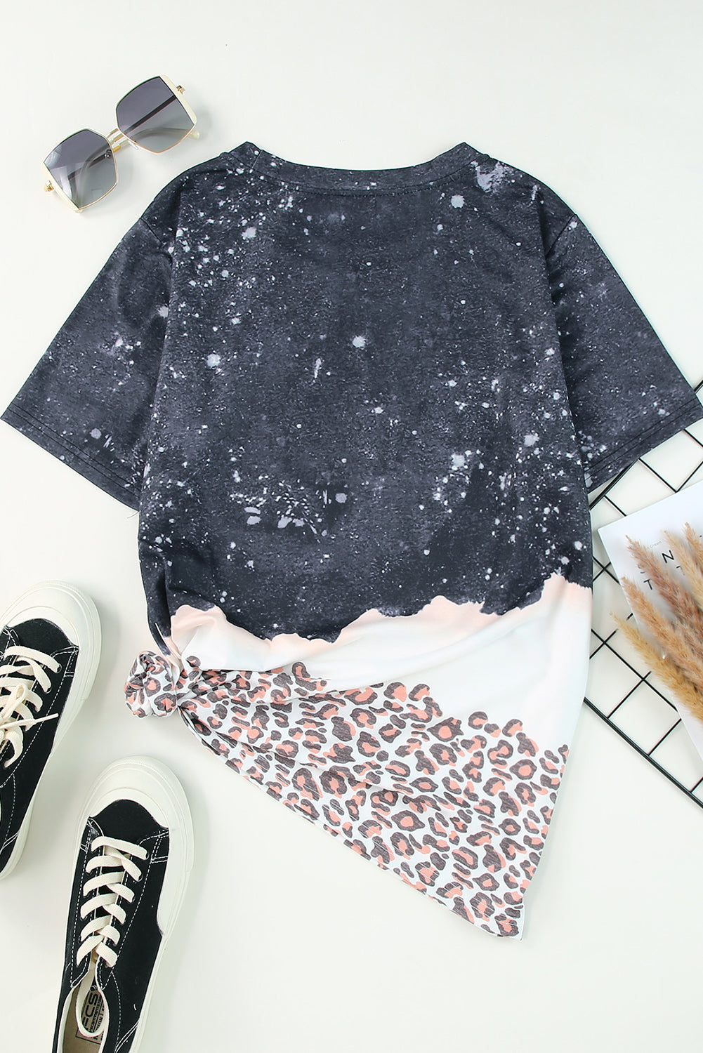 Black Leopard Print Detail Bleached Tee