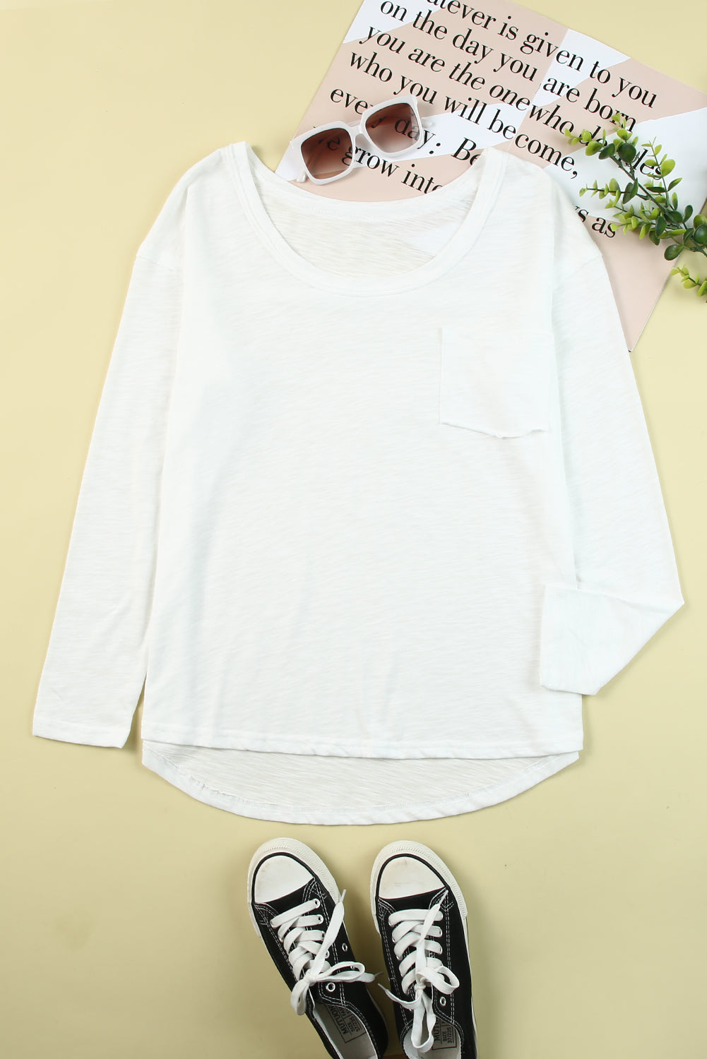 White Plain Basic Long Sleeve Tee with Pocket