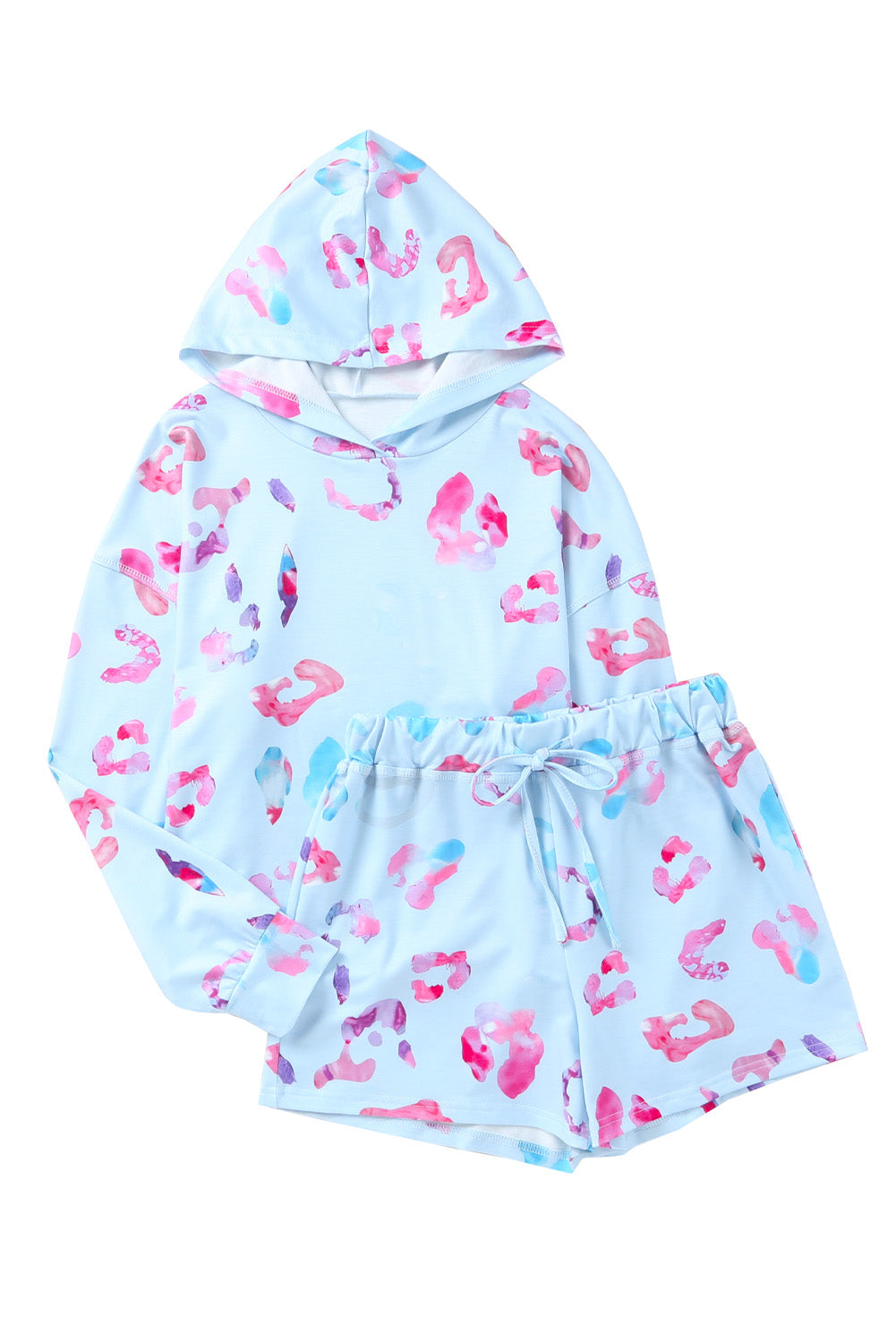 Sky Blue Leopard Print Hoodie and Shorts Set