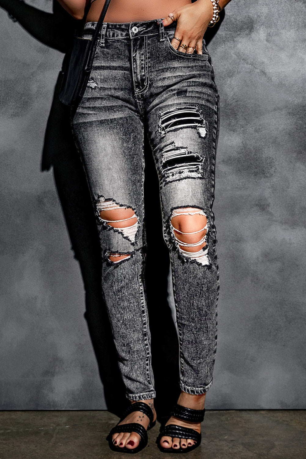 Gray Acid Wash High Rise Ripped Skinny Jeans