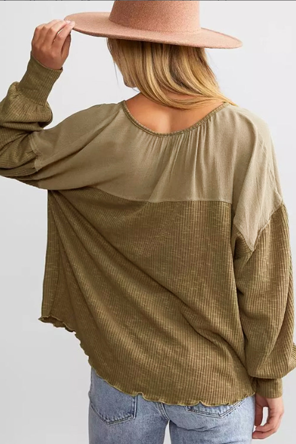 Khaki Ribbed Patchwork Drop Shoulder Buttoned Neckline Blouse