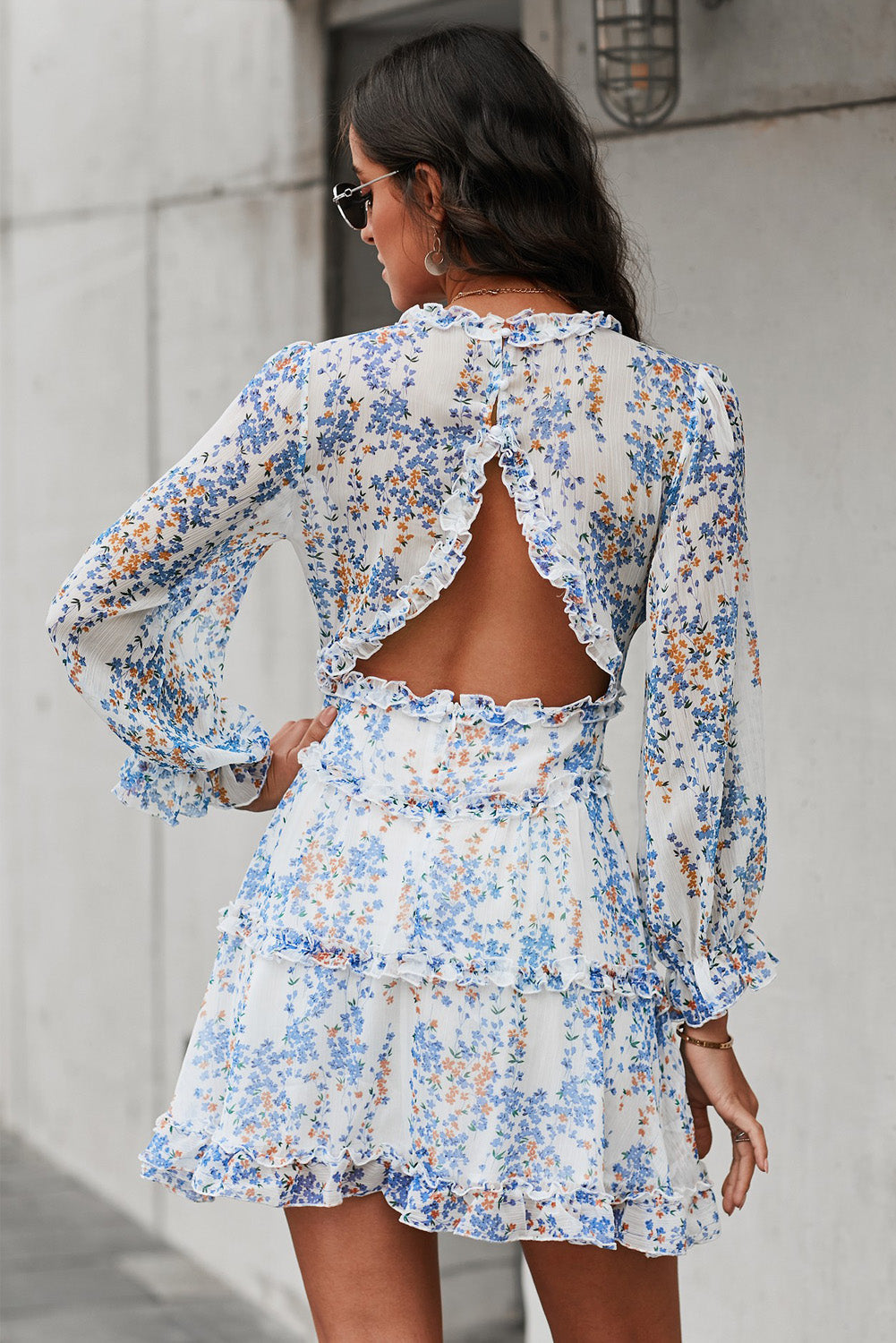 Blue Ruffle Detailing Open Back Floral Dress