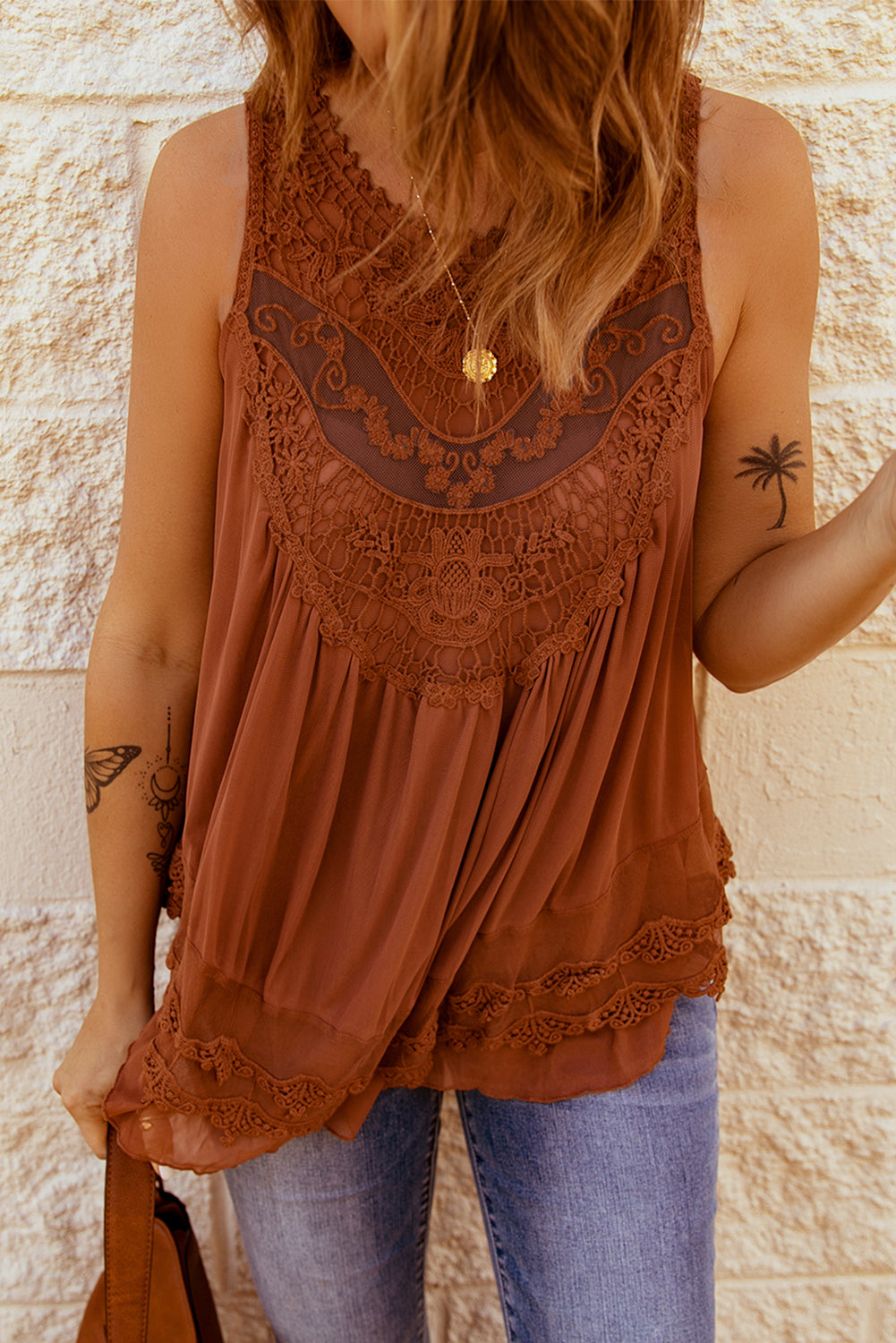 Black Lace Detail Buttons Back Sleeveless Top