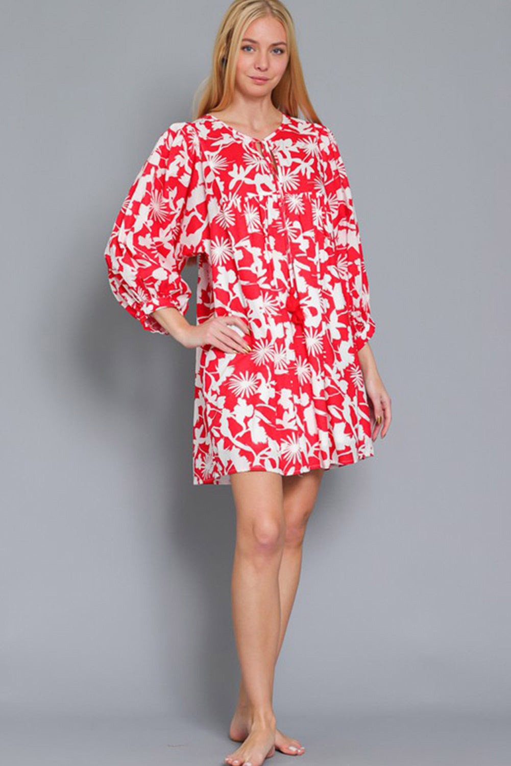 Red Floral Print Puff Sleeve Split Neck Babydoll Mini Dress