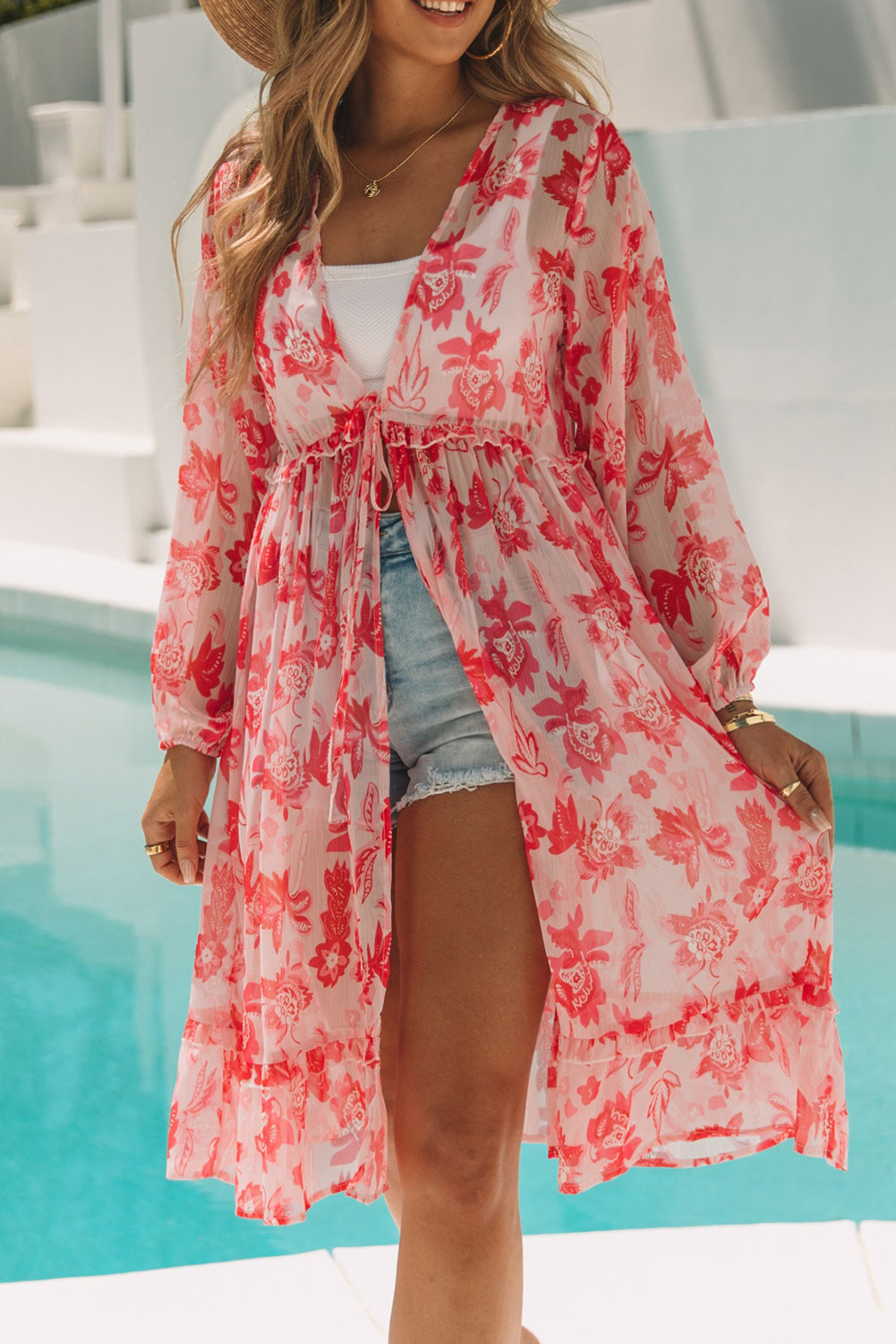 Pink Sweet Floral Print Frill Hem Puff Sleeve Cover Up