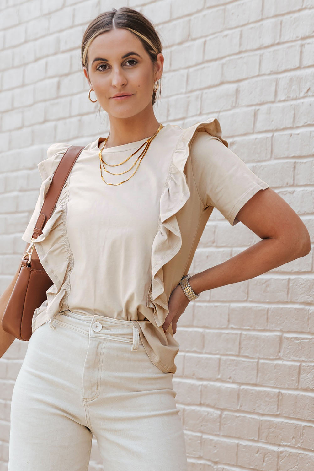 Khaki Solid Ruffle Trim Short Sleeve Top