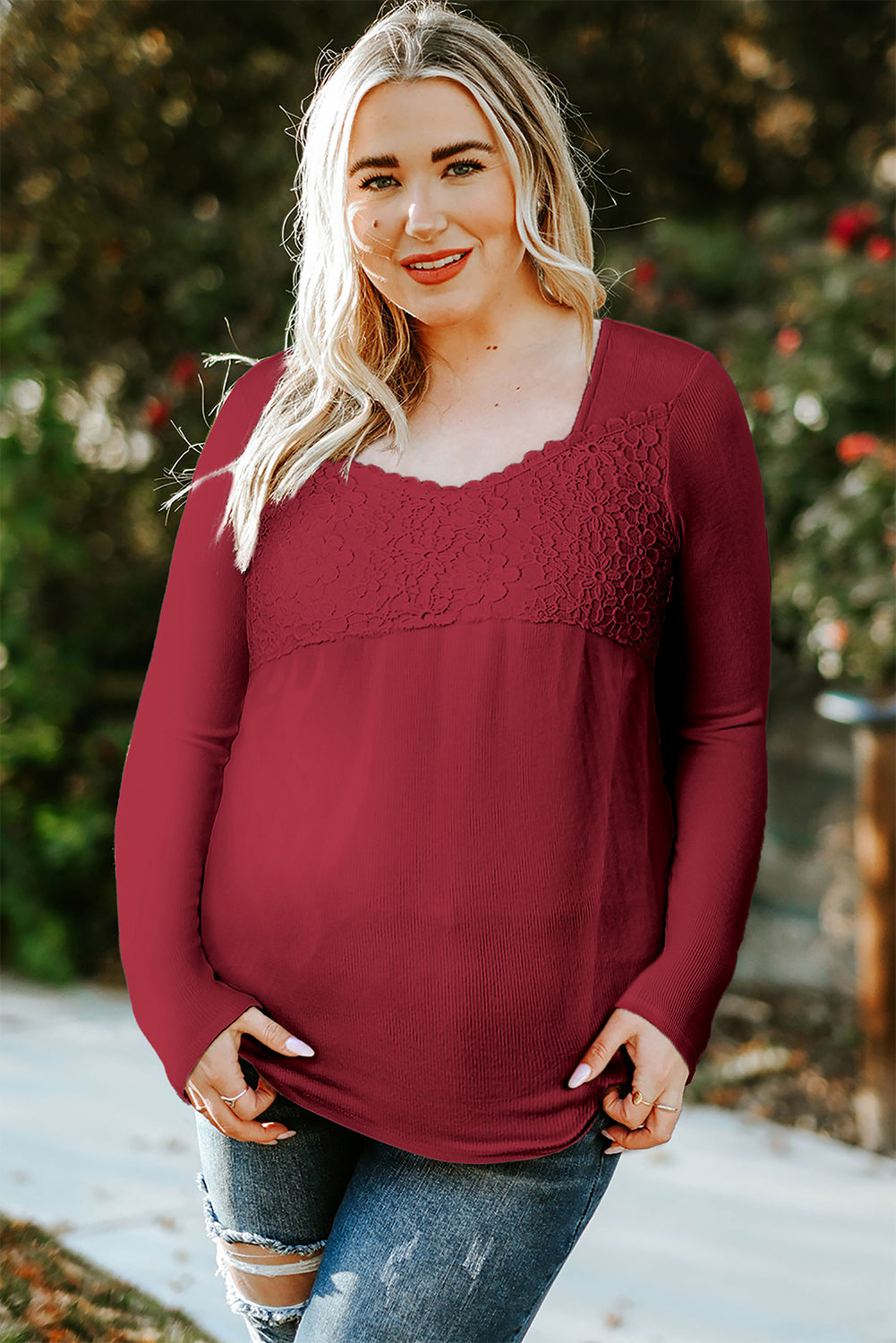 Red Lace Crochet V Neck Long Sleeve Top