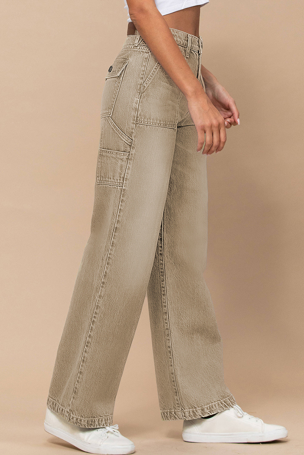 Khaki High Waist Flap Pocket Wide-Leg Jeans