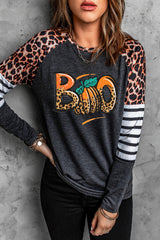 Black BOO Pumpkin Leopard Striped Long Sleeve T Shirt