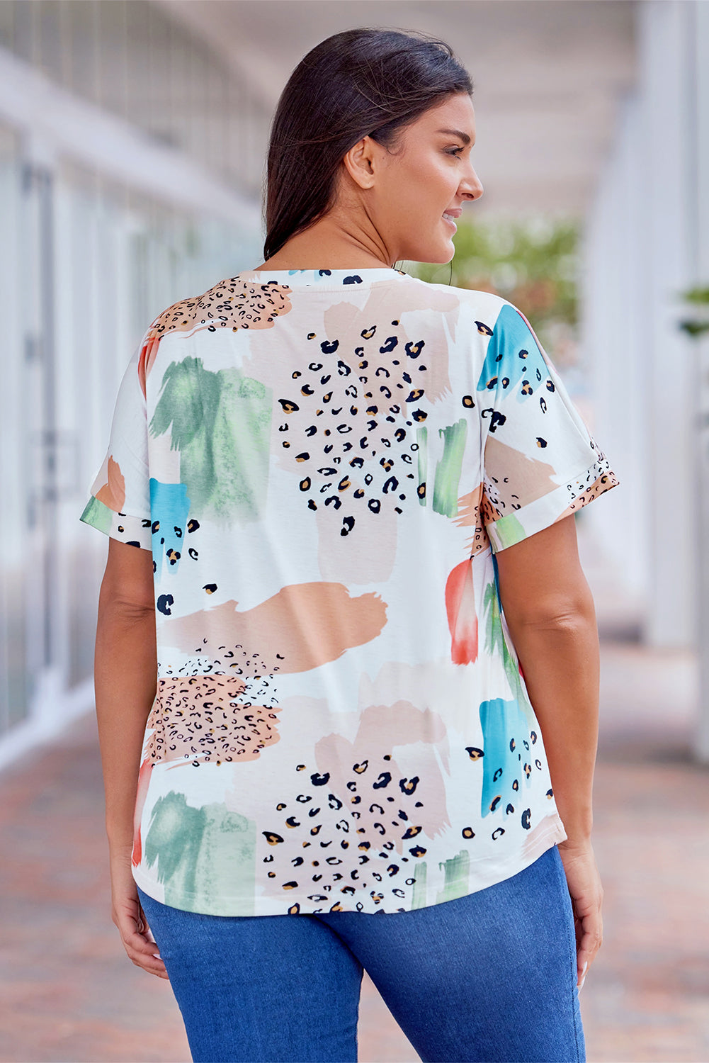 White Animal Watercolor Mixed Print Plus Size Top