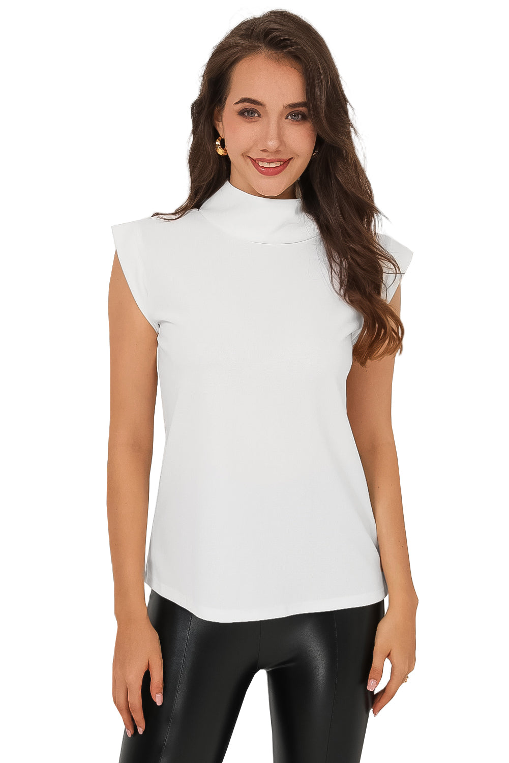 White Solid Color Mock Neck Sleeveless Top