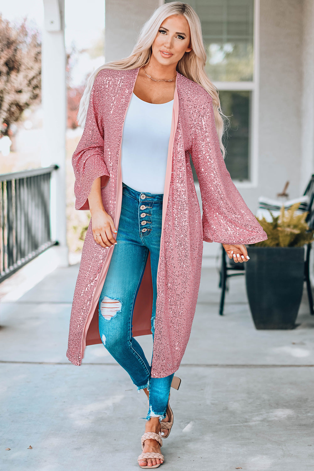Pink Flare Sleeve Open Front Sequin Kimono
