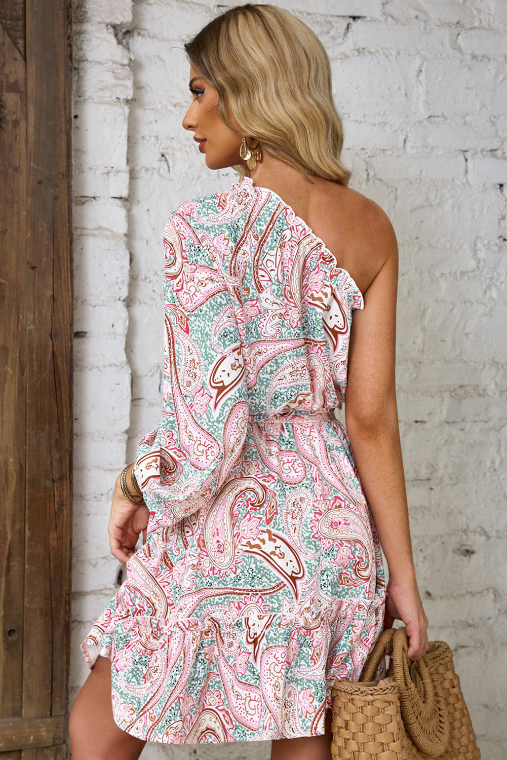 Pink Paisley Print One Shoulder Lace-up High Waist Mini Dress