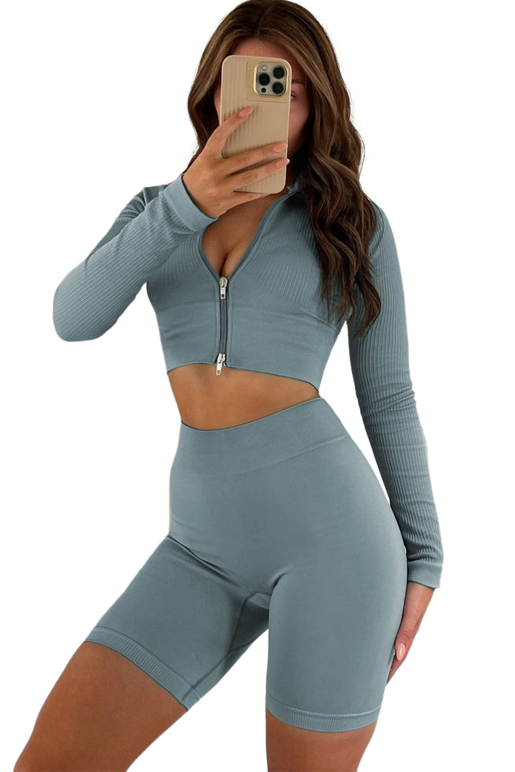 Sky Blue Full Zipper Ribbed Seamless Long Sleeve Yoga Top