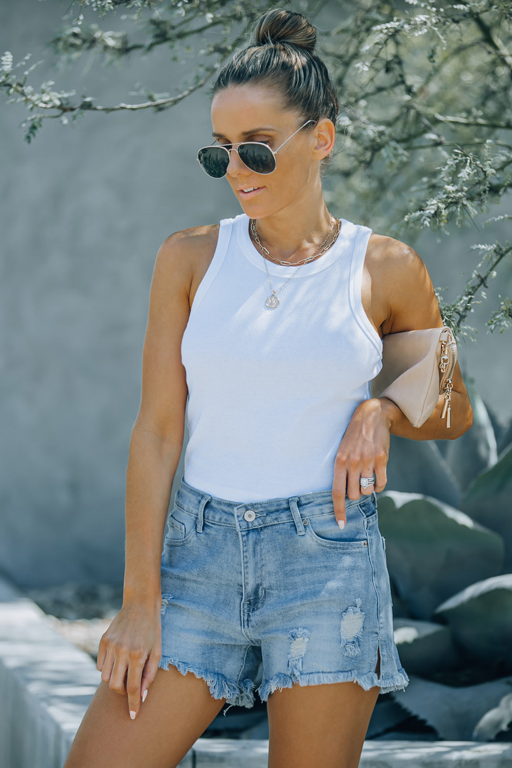 Light Blue Distressed Ripped Denim Shorts with Pockets