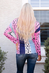 Leopard Color Block Leopard Long Sleeve Blouse