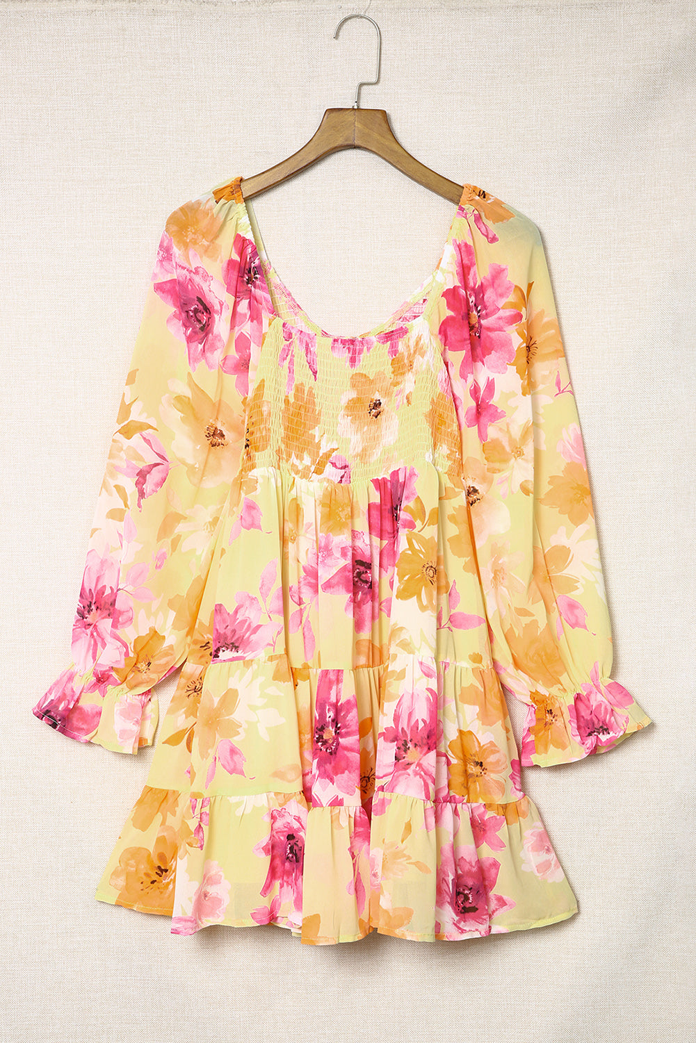 Yellow Square Neck Puffy Sleeve Tiered Floral Dress