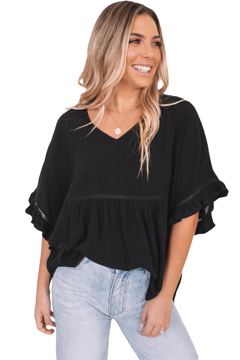 Apricot Ruffled Lace Detail Loose V Neck Top