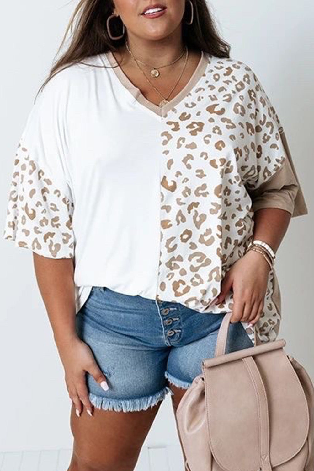 White Plus Size Leopard Patchwork Short Sleeve Top