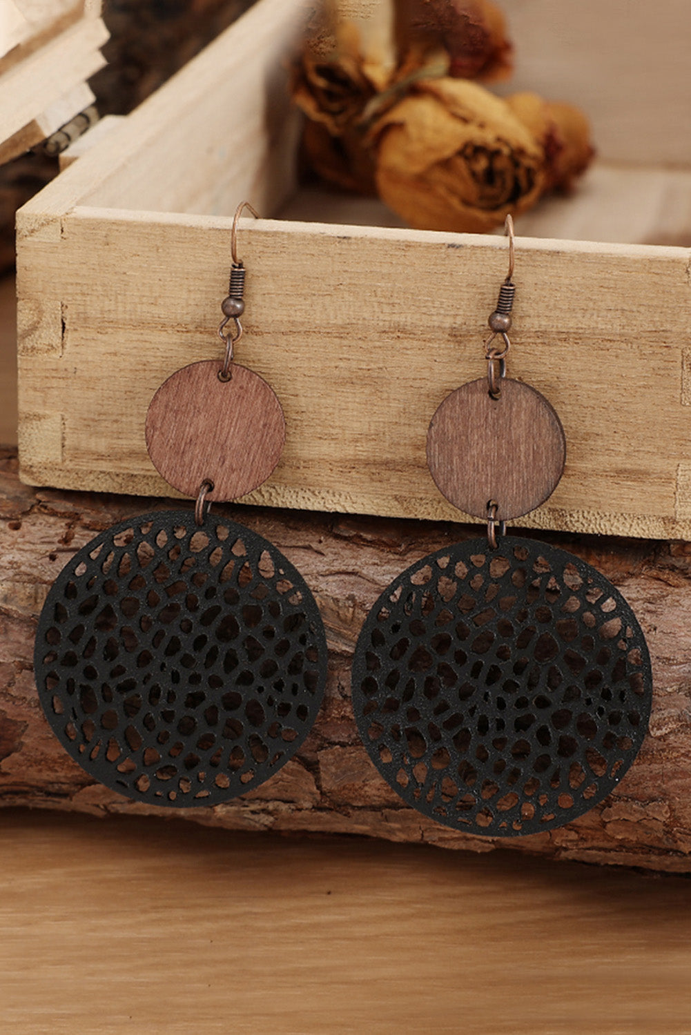 Black Hollow Out Wooden Round Drop Earrings