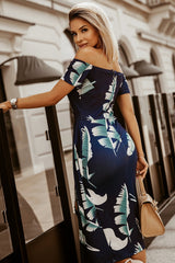 Dark Blue Floral Print Short Sleeve Off Shoulder Dress