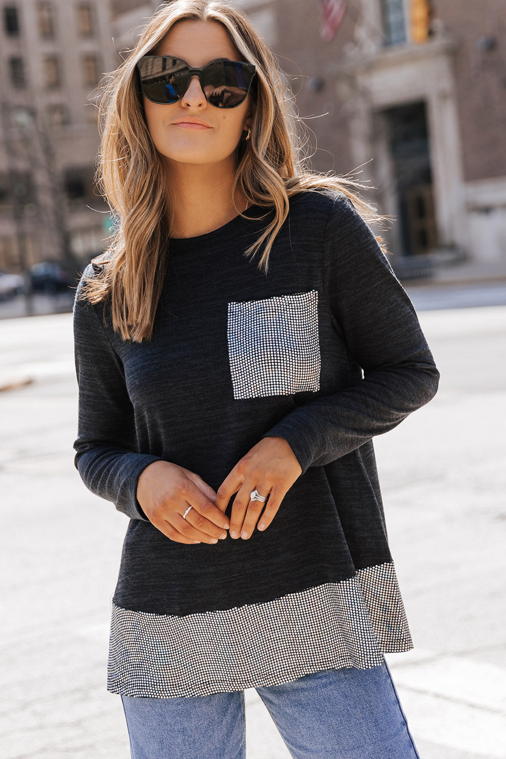 Red Sequin Patch Pocket Ruffle Hem Top