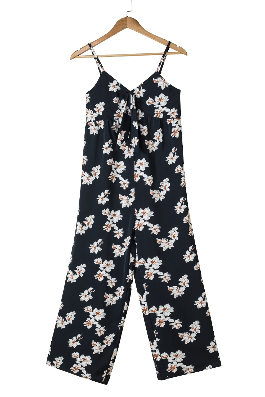 Black Tie Decor V Neck Floral Wide Leg Jumpsuit