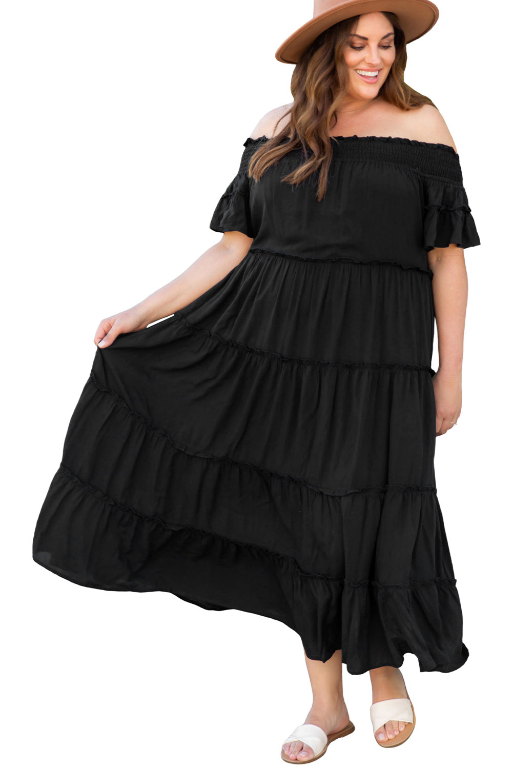 Black Plus Size Smocked Off Shoulder Frill Tiered Maxi Dress