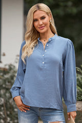 Blue Solid Textured Buttoned Front Bubble Sleeve Blouse