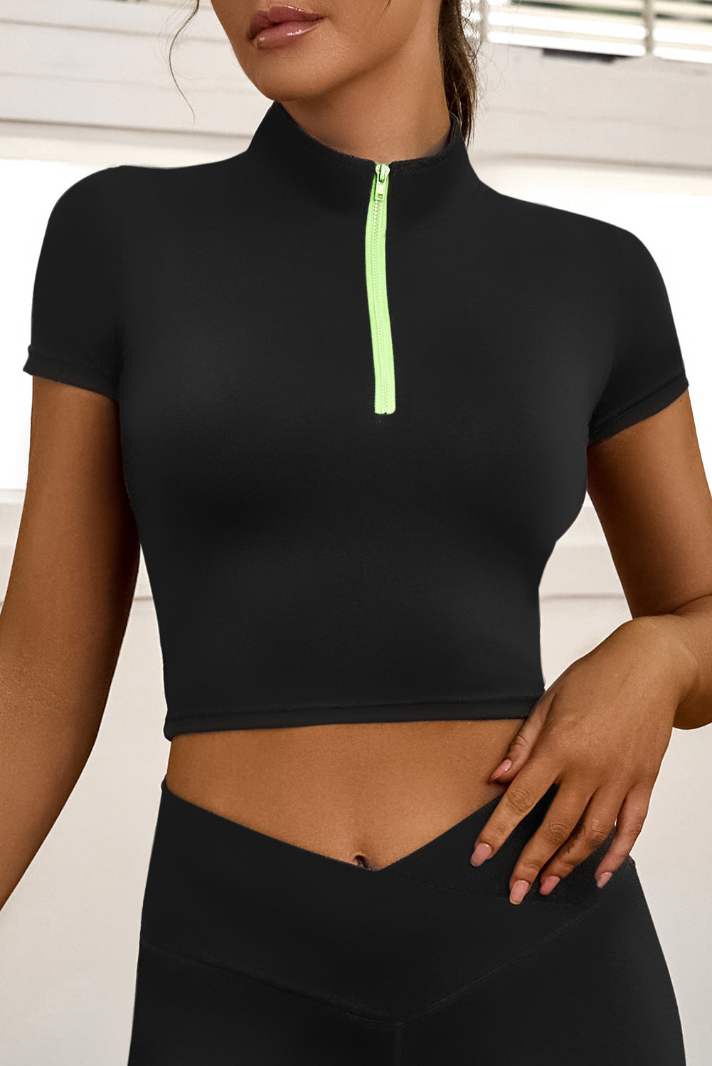 Black Half Zipper Short Sleeve Active Crop Top