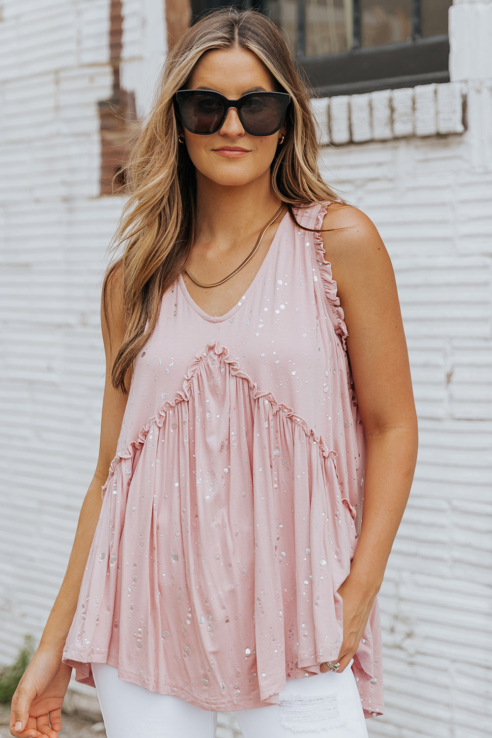 Pink Foil Splatter Drops Ruffled Flowy Tank