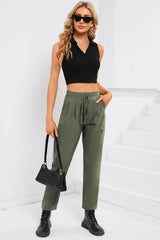 Green Casual Elastic Drawstring Waist Pants