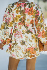 Floral Print V Neck Bishop Sleeve Lace Trim Romper
