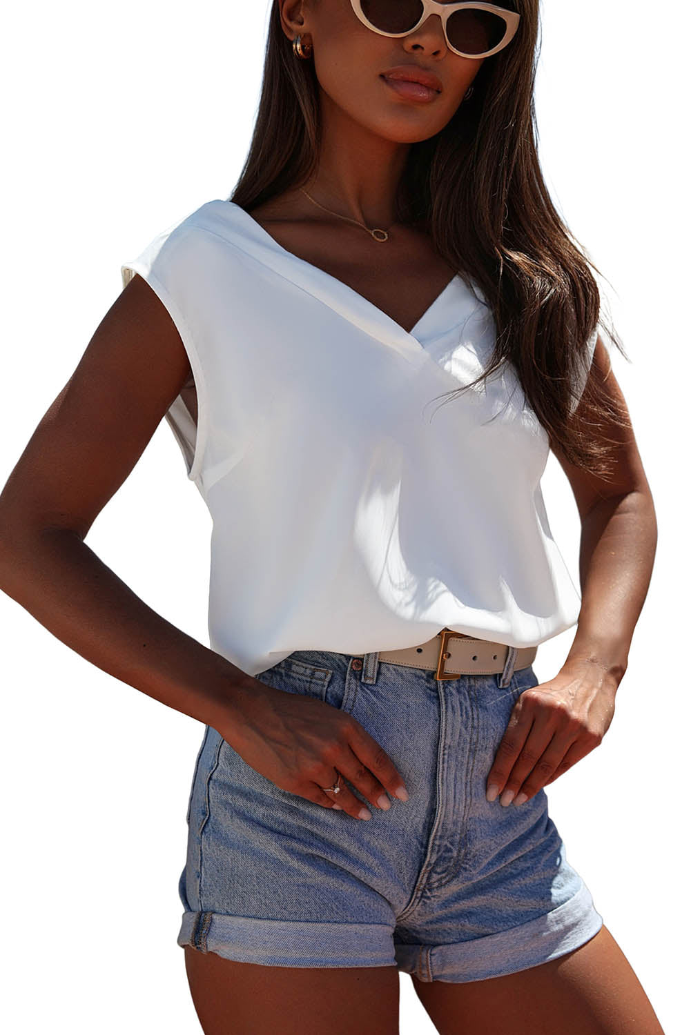 White V Neck Pleated Backless Cap Sleeve Top