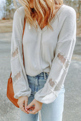 White Lace Patchwork Drop Sleeve Ribbed Casual Top