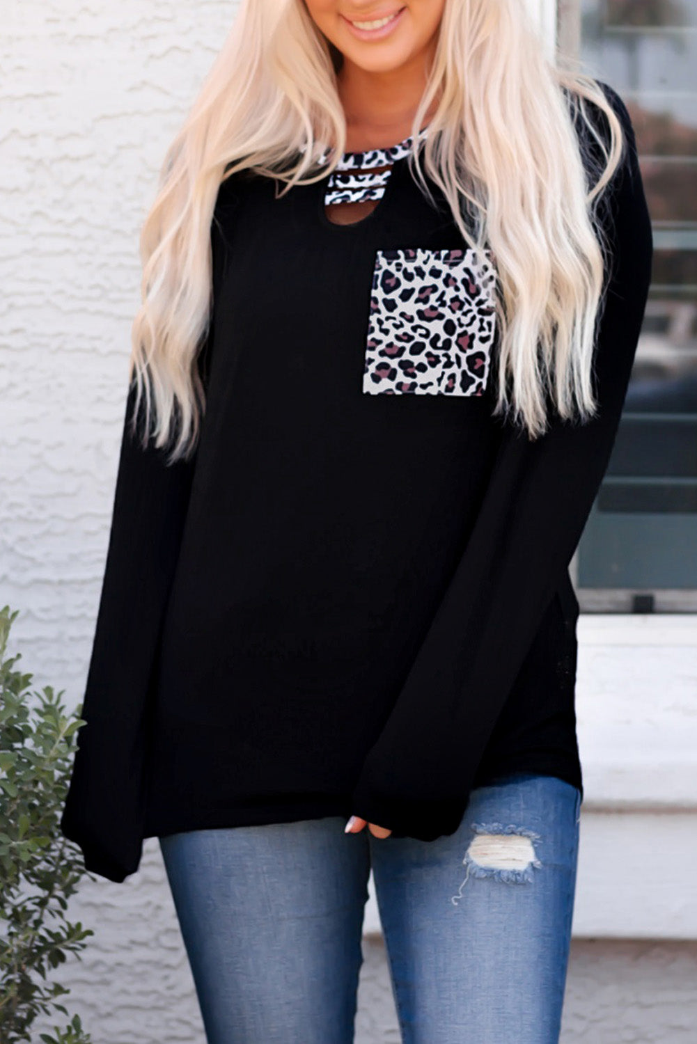 Black Black Leopard Patch Pocket Long Sleeve Top