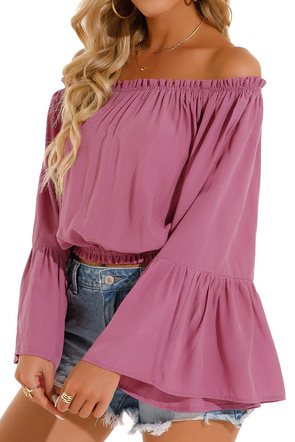 Pink Frilled Off-Shoulder Bell Sleeve Blouse