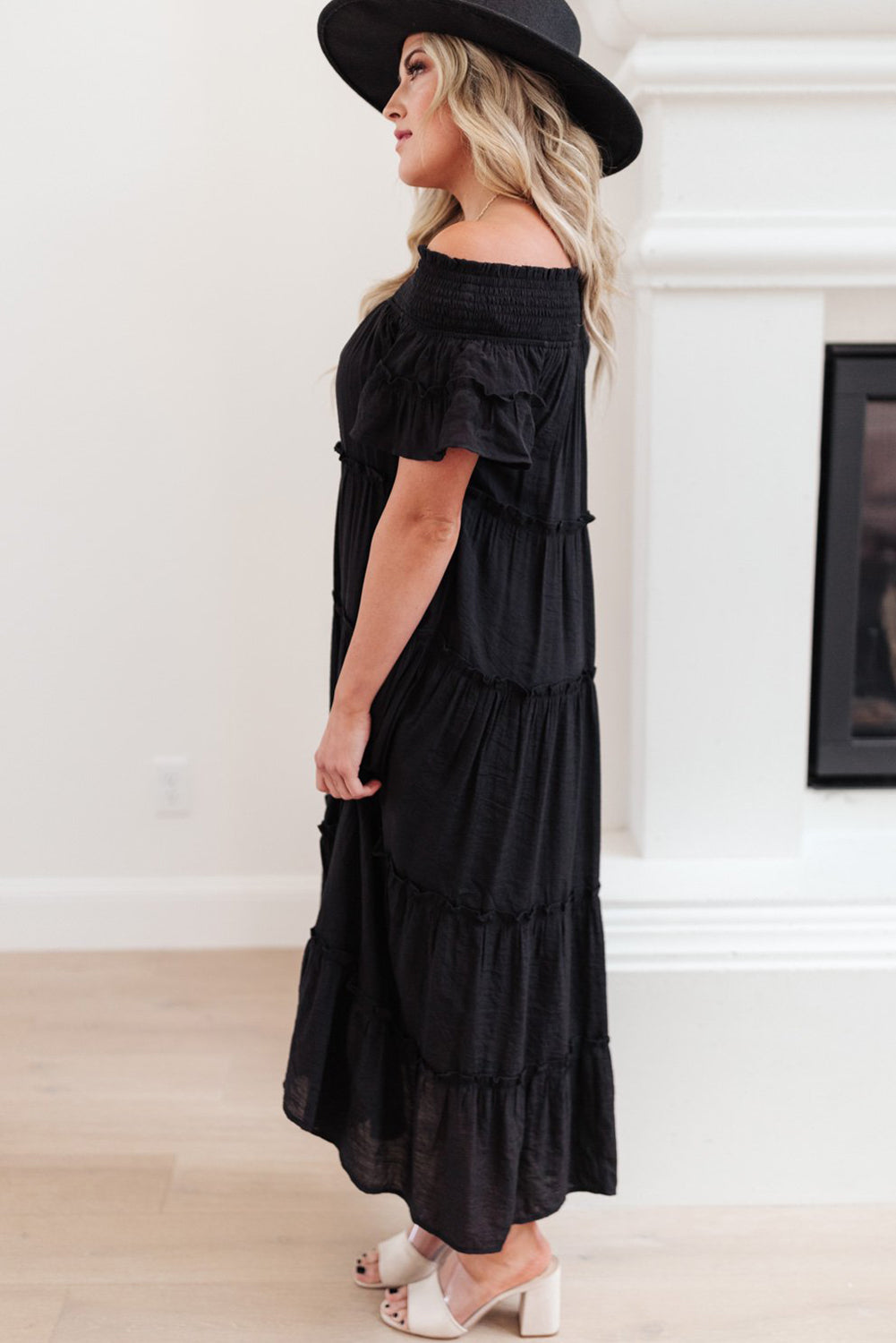 Black Plus Size Smocked Off Shoulder Frill Tiered Maxi Dress