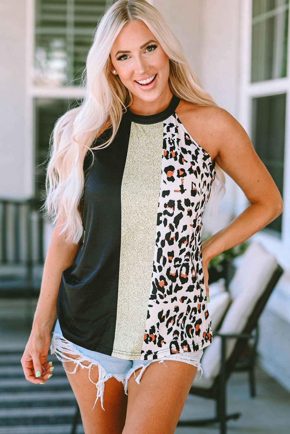 Black Leopard Color Block Casual Tank Top