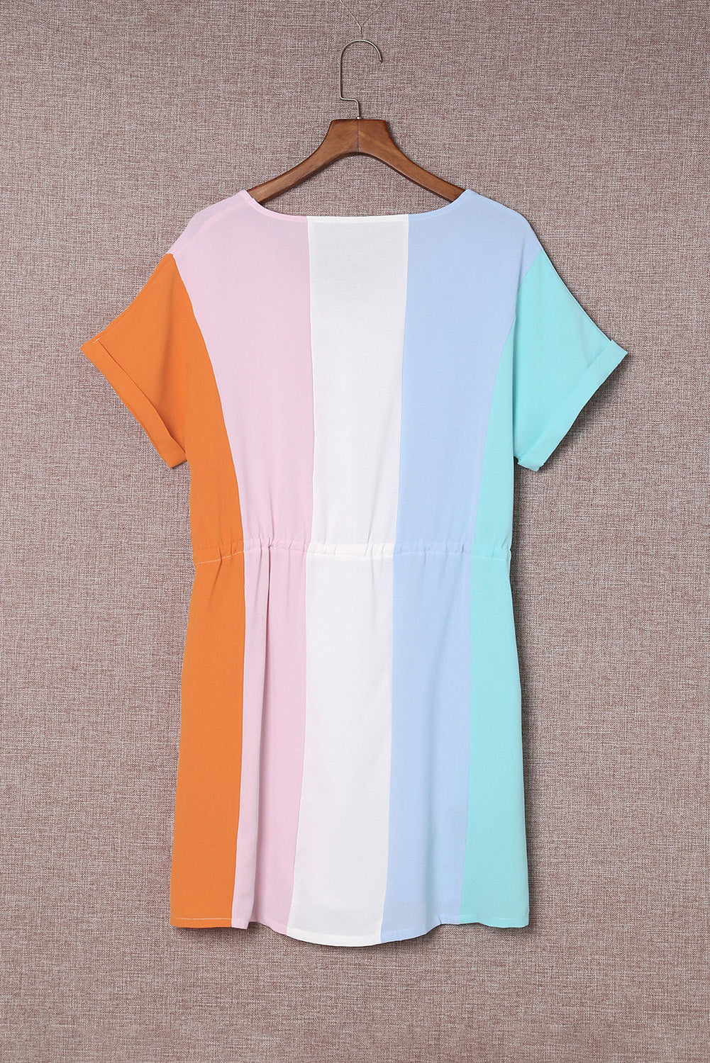 Color Block Tie Waist Rolled Short Sleeve Mini Dress with Pocket