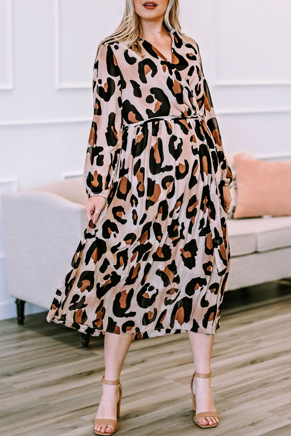 Leopard Plus Size Leopard V Neck Wrap Pleated Dress