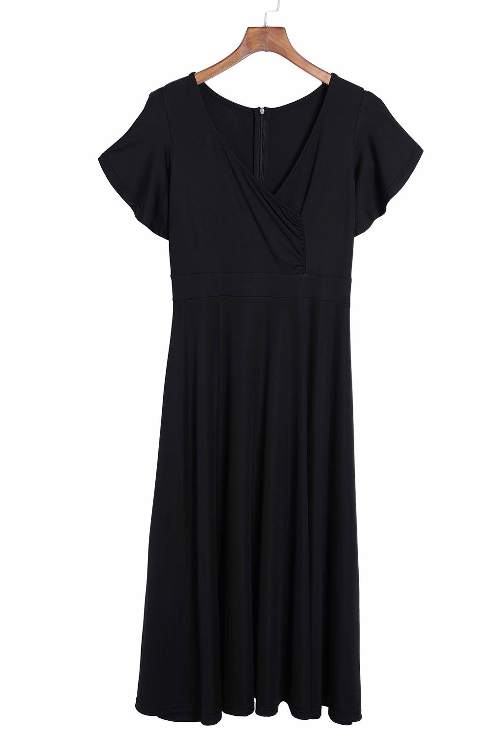 Black Ruffled Sleeve Wrap V Neck Midi Dress