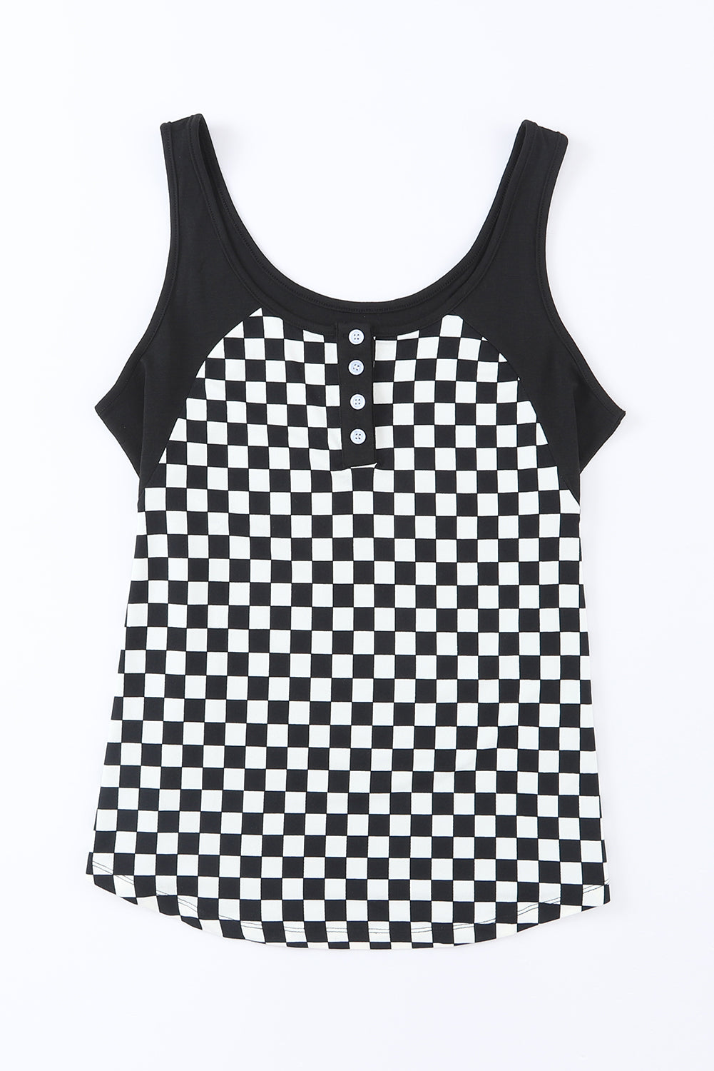 Black Plaid Patchwork Buttoned U Neck Tank Top