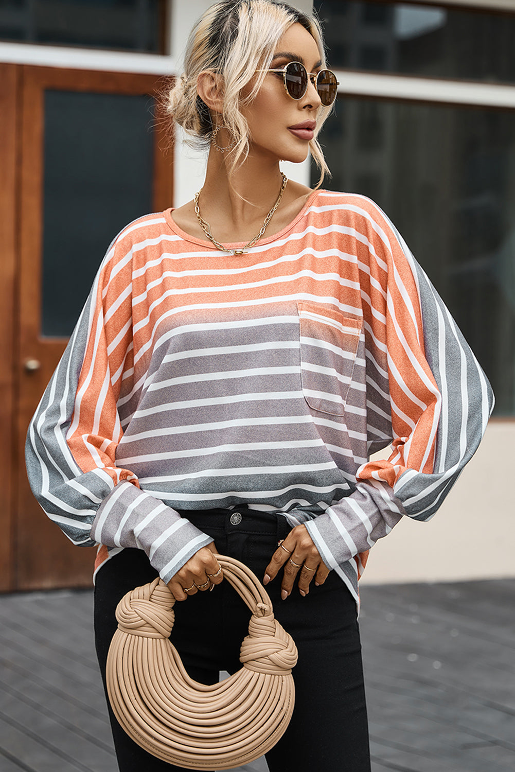 Stripe Gradient Chest Pocket Long Sleeve Top