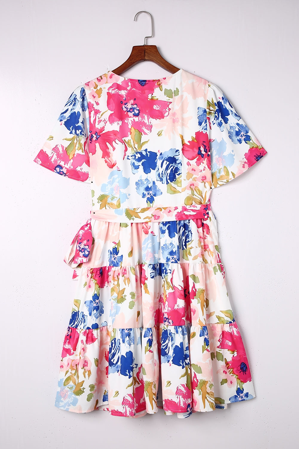 Multicolor Sweet Floral Wrap V Neck Skater Dress