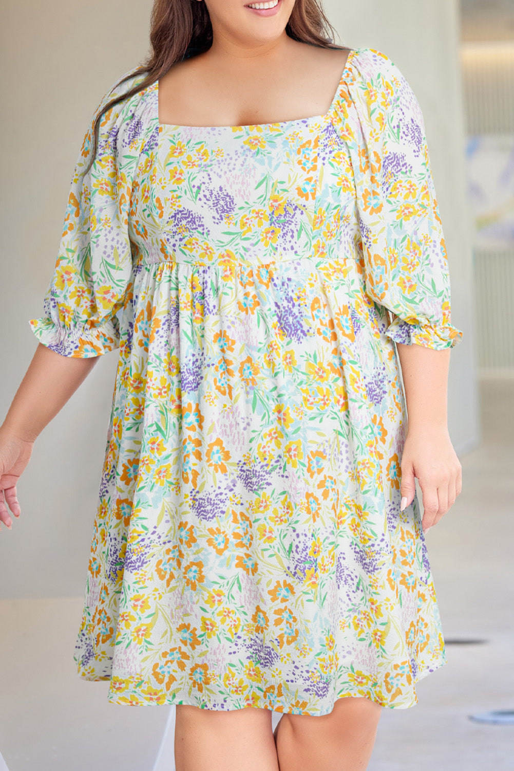 Multicolor Plus Size Floral Print Ruffle Bubble Sleeve Babydoll Dress