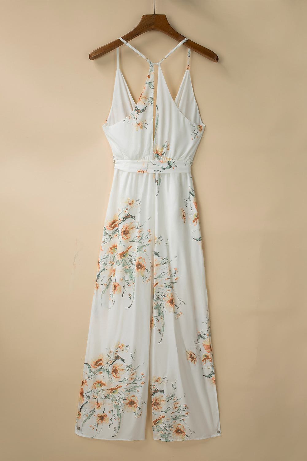 White Poppy Print Belted Cami Wide Leg Jumpsuit